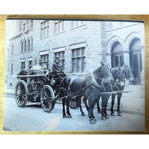 Photo Print  Horse Drawn Fire Pump 1920’s Firehouse Mounted Cardboard Sealed